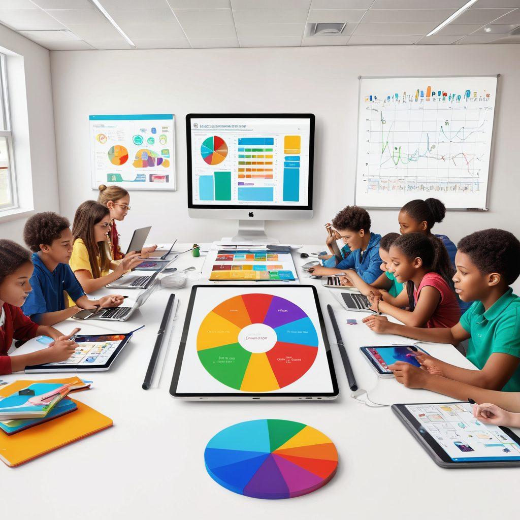 A vibrant and diverse classroom setting, showcasing engaged students of various backgrounds collaborating with digital devices and educational tools. Include elements representing creativity and empowerment, such as colorful charts, books, and innovative technology. The overall atmosphere should radiate enthusiasm for learning. super-realistic. vibrant colors. white background.