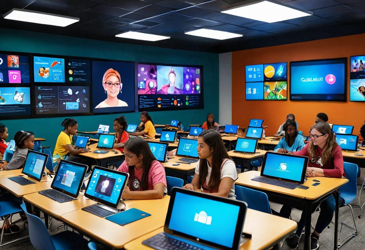 A vibrant and futuristic classroom filled with diverse students engaging with cutting-edge technology like tablets and interactive screens. A teacher is facilitating a discussion, surrounded by digital displays showcasing innovative educational tools. Bright colors and dynamic elements represent empowerment and collaboration in learning. super-realistic. vibrant colors. 3D.