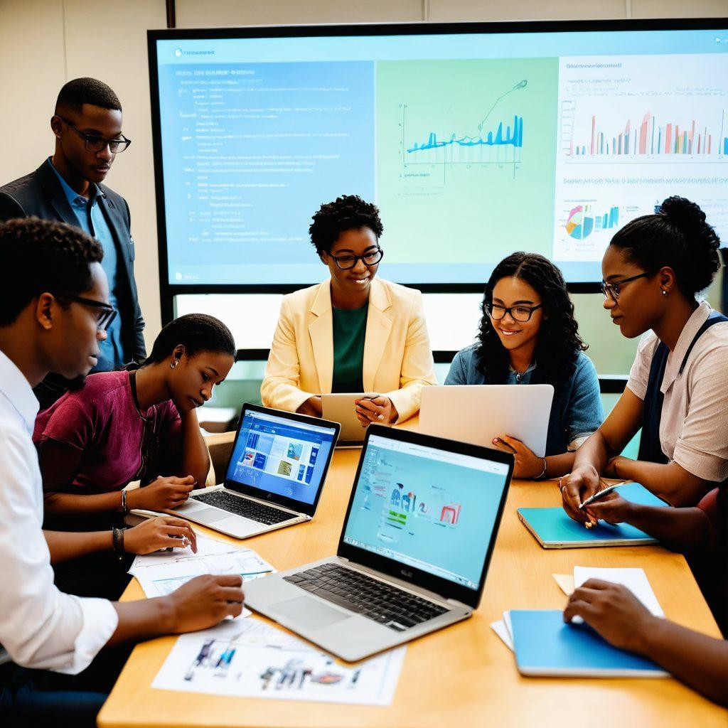 A diverse group of community members engaged in a vibrant discussion around digital devices like laptops and tablets, showcasing collaboration and connectivity. In the background, representations of digital resources such as charts, graphs, and local landmarks symbolize U46. The setting should convey a warm, welcoming environment with hints of technology, emphasizing inclusivity and empowerment. soft pastel colors. illustration style.